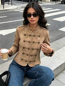 DEEKA Autumn New Women's European & American Style Fashion Minimalist Versatile Long Sleeve Knotted Suede Texture Jacket - Brown - View 3
