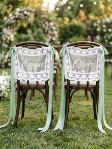 1pc Custom Wedding Chair Back Decor, Custom Text, Elegant Ribbon Chair Sign For Bride Groom, Outdoor Wedding Ceremony Reception Party Decoration - Multicolor - View 3