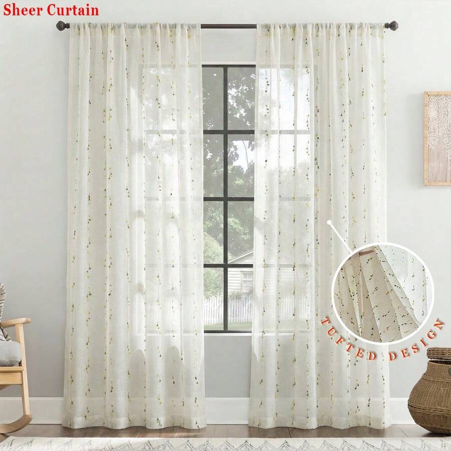 COSENNATUR 1pc Bohemian Macaron Color Velvet Flocked Jacquard Semi-Sheer Curtain, Faux Linen Texture, Polyester Material, Rod Pocket Top, Natural Light Filtering, Lightweight And Easy Care, Machine Washable, Suitable For Bedroom, Living Room, Dorm, Guesthouse, Office Decoration - Yellow-green - View 1
