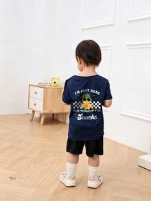 Baby Boy Street Style T-Shirt, Soft Loose Short Sleeve Top - Navy Blue - View 2
