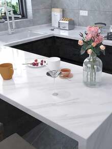 1pc Waterproof White Marble Pattern PVC Wallpaper, Heat Resistant Self-Adhesive Decorative Paper, Suitable For Kitchen, Bathroom, Bedroom And Living Room - White - View 2