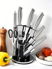 8Pcs Stainless Steel Kitchen Knife Set With Rotating Knife Block, Household Cutting Knives For Meat Vegetables, Countertop Organizer For Kitchen Food Preparation - Multiple Specifications - View 8