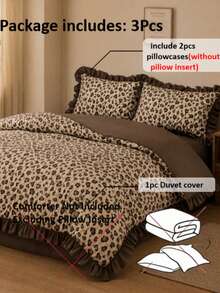 3pcs Skin-Friendly Soft Comfortable Leopard Print Brown Coffee Color Ruffle Edge Duvet Cover Set (1*Duvet Cover + 2*Pillowcases, No Fillers), French Country Style, Lady Style, Girly Style, Suitable For Bedroom, Guest Room, Boy And Girl Bedding, Machine Washable, All Season Use - Coffee Brown - View 7