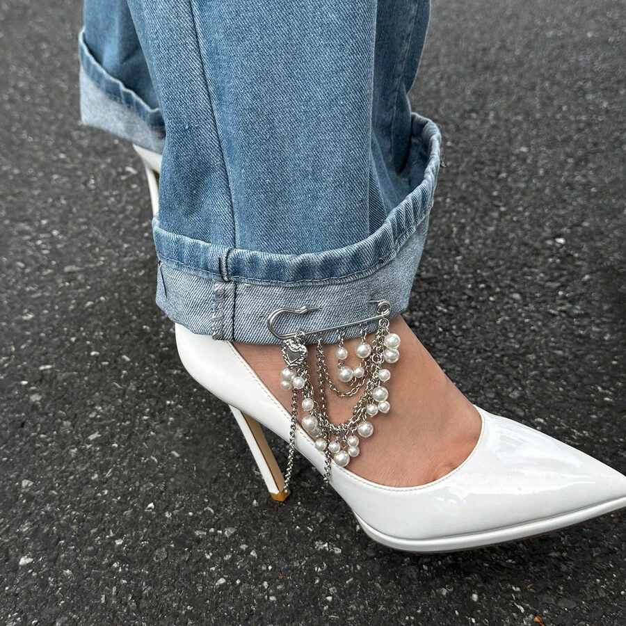 1pc Fashionable Faux Pearl Heart Pendant Pants Chain, Minimalist Tassel Chain Shortened Pants Chain, Sweet Cool Style Faux Pearl Chain Brooch Pants Decoration, Niche Design Jeans Accessory - Silver - View 1