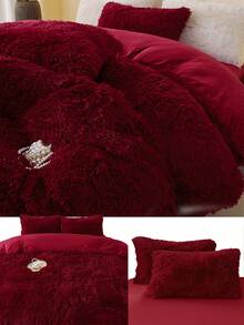 3pcs Burgundy Long Plush Skin-Friendly Soft Comfortable Duvet Cover Set (1 Duvet Cover + 2 Pillowcases, Duvet And Pillow Inserts Not Included), Suitable For Bedroom And Guest Room - Burgundy - View 2