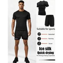 2-Piece Set Men's Compression Short Sleeve + Sports Shorts Quick-Dry Tight-Fit T-Shirt And Quick-Dry Shorts, Suitable For Running, Walking - Black - View 5