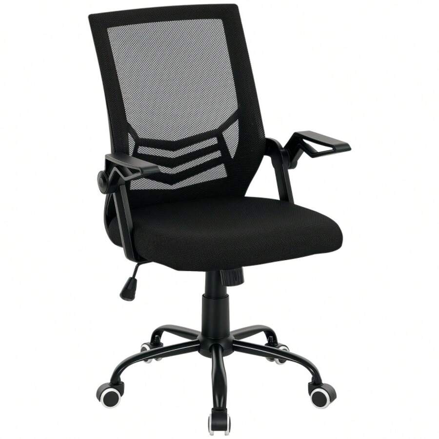 Mesh Office Chair, Computer Desk Chair With Flip-Up Armrests, Lumbar Back Support And Swivel Wheels, Black On-Site - Black + Polyester - View 1