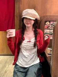 女款方領可愛休閒波點蝴蝶結長袖T恤上衣，秋冬保暖內搭層 - 白色 - 查看 3