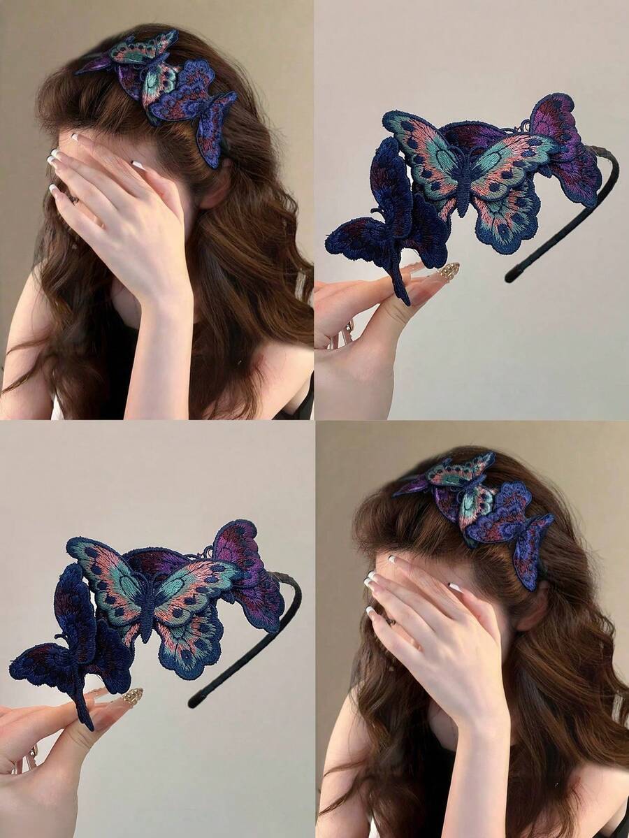 1件女款刺繡蝴蝶髮箍,復古波希米亞風彩色蝴蝶髮圈,日常派對Cosplay防滑細髮帶 - 彩色 - 查看 1