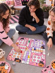 1件可愛粉色萬聖節方形聚酯纖維 Ludo 棋盤遊戲墊，幽靈、黑貓、南瓜、蝙蝠、糖果、星星與月亮印花，4人玩家 START/HOME 遊戲盤，含1袋遊戲配件，適用萬聖節派對、家庭遊戲與室內娛樂 - 多色2 - 查看 5