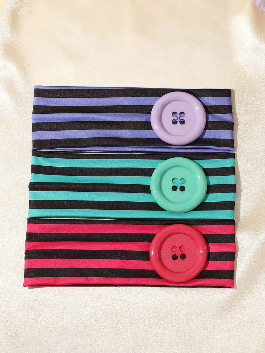 3pcs Y2K Retro Striped Button Wide Headband, Street Style Hair Accessory For Daily Wear And Photography - Multicolor - View 1