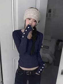 Autumn V-Neck Slim Fit Long Sleeve Base Layer T-Shirt - Navy Blue - View 2