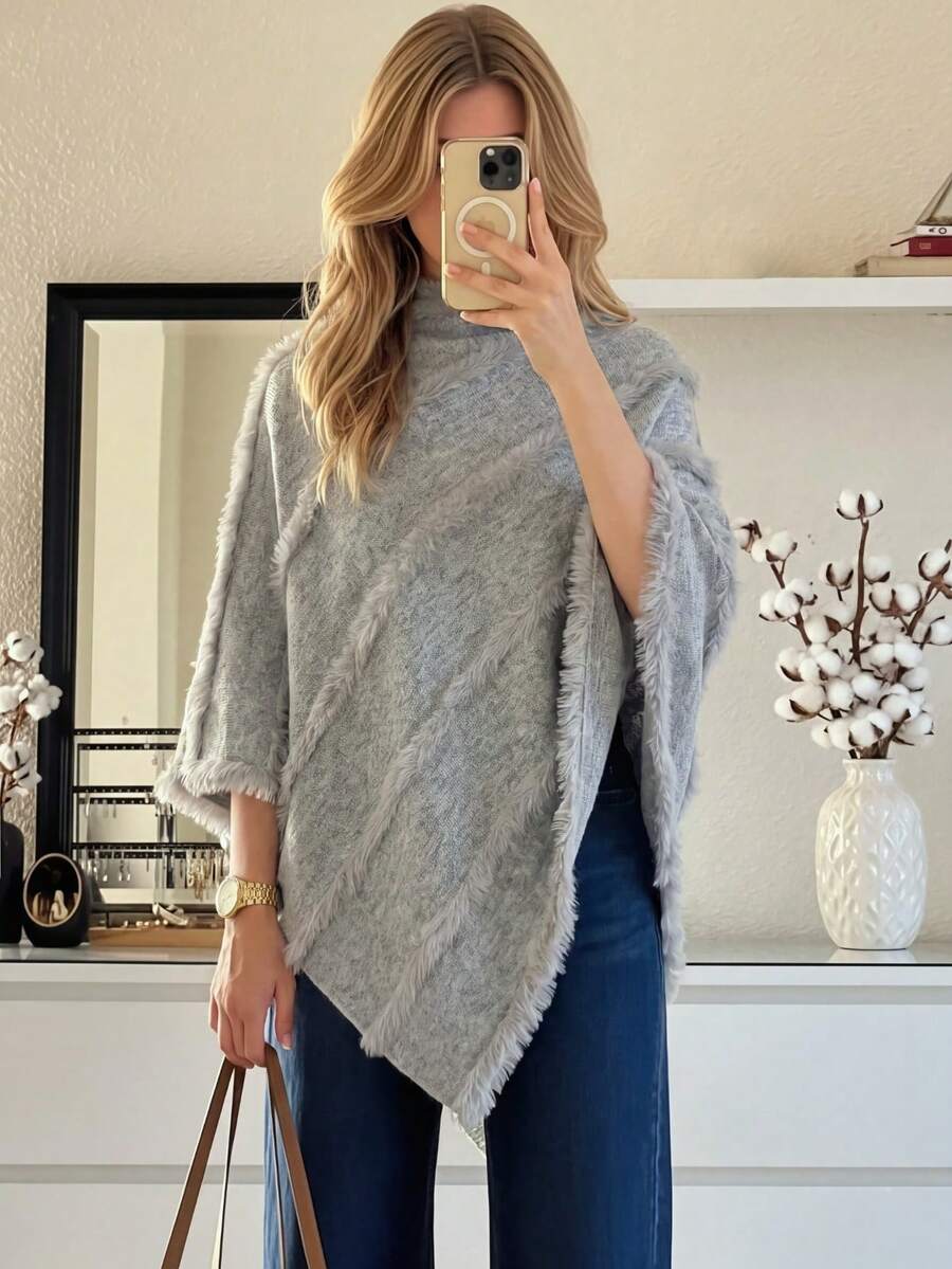 1pc Solid Color Minimalist Knit Fuzzy Pullover Cape Shawl Loose Versatile Fashion Drape Sweater For Women - Grey - View 1