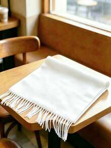 1 chiếc khăn quàng cổ màu trơn, khăn quàng cổ dài ấm áp đan tua rua dành cho cả nam và nữ, quà tặng đa năng cho bạn trai, khăn quàng cổ, chăn, mùa thu/đông - trắng - Xem 4
