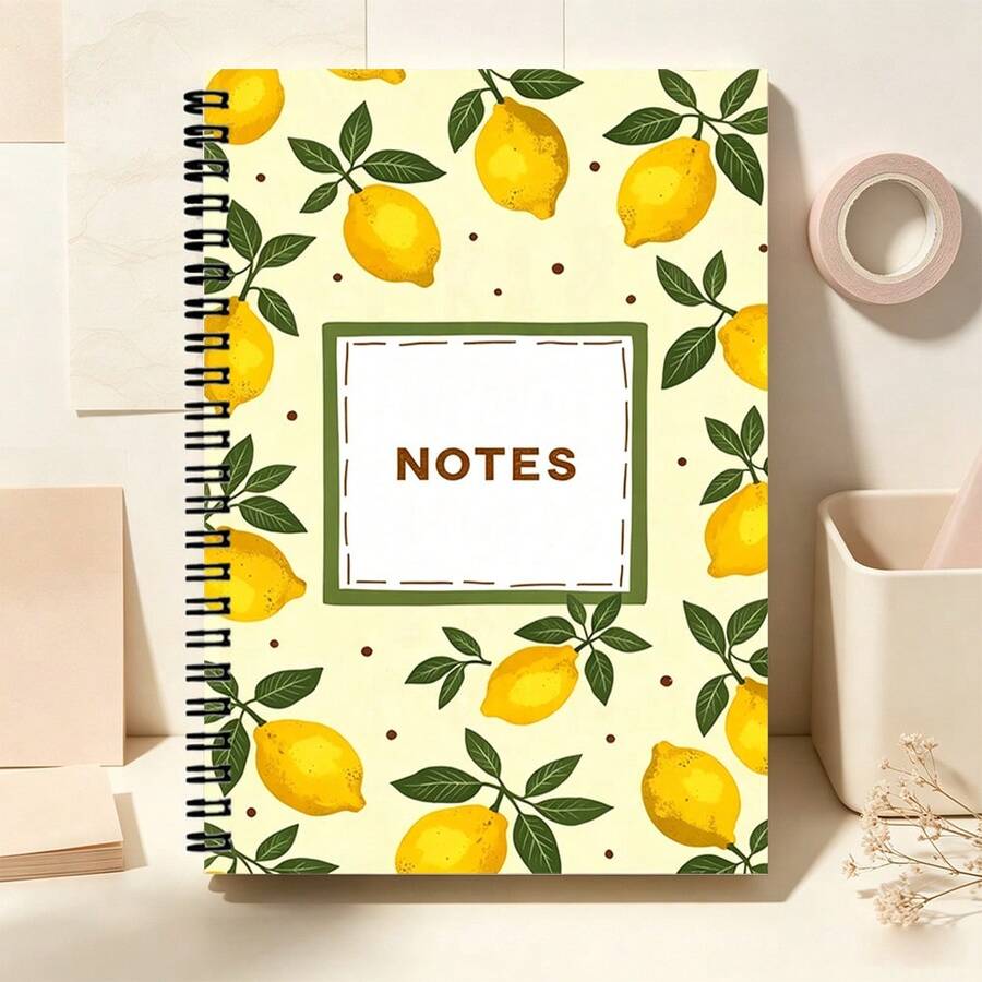 1pc 50-Page A5 Spiral Notebook, Light Beige Cover Decorated With Yellow Lemon And Green Leaf Pattern, Accented With Small Brown Dots, White Rectangular Frame With Green Border And "NOTES" Text In The Center, Black Spiral Binding Design, Lined Pages, Suitable For Journaling - Lemon - View 1