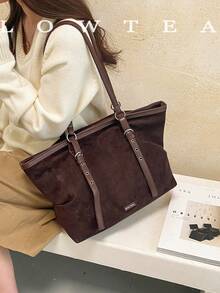 low tea 1pc Buckle Suede Fabric Shoulder Tote Bag Suitable For Commuting, Shopping Etc - Coffee - View 11