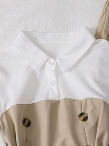 Girls' 2-Piece Preppy Style Set, 2-In-1 Long Sleeve Shirt And Flare Pants Outfit, Double-Breasted Tie Elegant Suit Set - Khaki - View 4