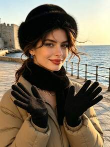 1 Set Women's Winter Bucket Hat + Plush Scarf + Knitted Full Finger Gloves Set, Warm Wool Lining, Solid Color Thick Design, Suitable For Outdoor Activities - Multicolor - View 4