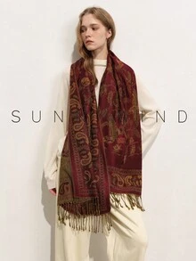 1pc Women's Bird & Floral Print Elegant Versatile Polyester Scarf, Suitable For All Seasons And Daily Wear - Burgundy - View 6