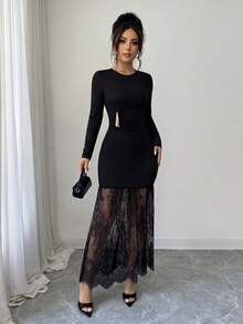 Stylish Knitted Long Dress For Women, Featuring A Flattering Bodycon Fit, Round Neck, Long Sleeves, And A Chic Lace Mermaid Hem - Black - View 4