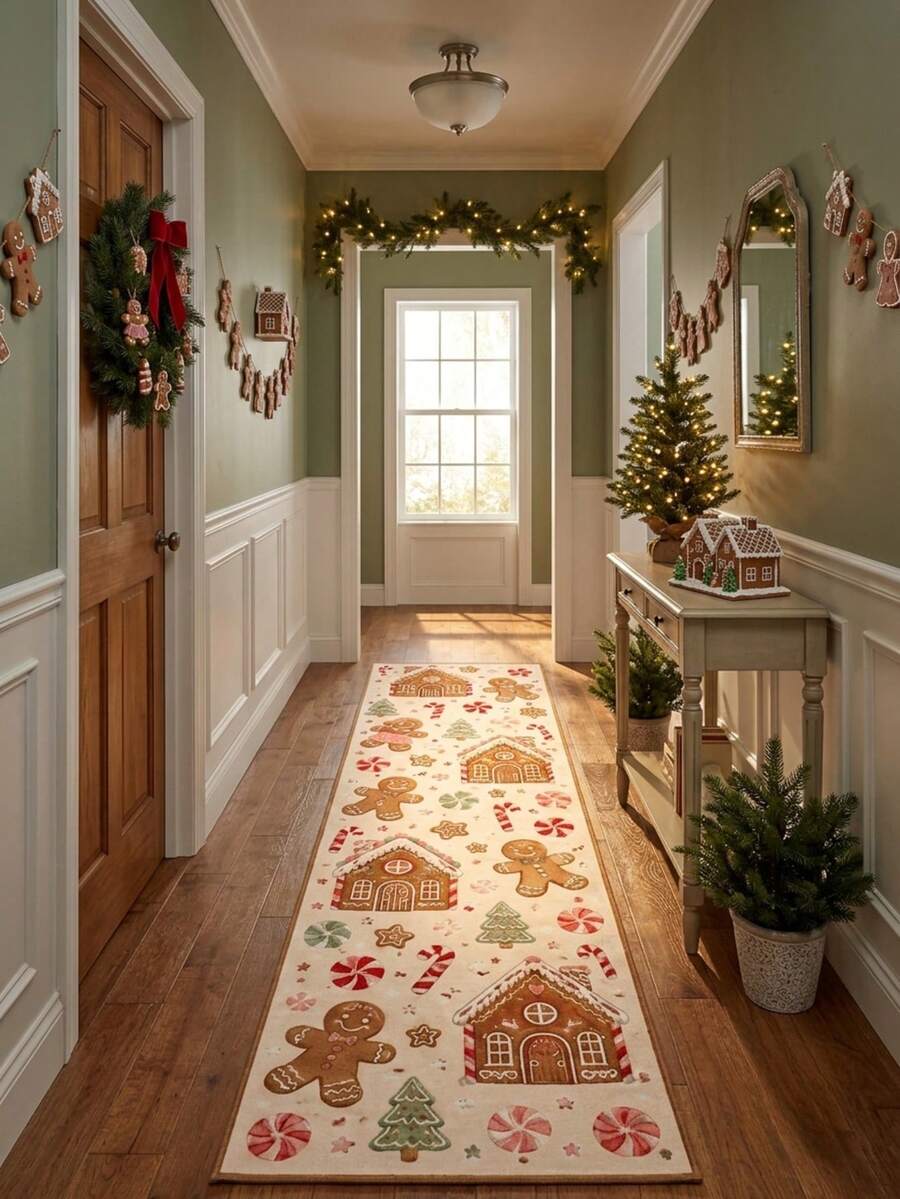 1pc Christmas Gingerbread House Character Long Runner Rug, Suitable For Hallway, Entryway, Kitchen, Dining Room, Perfect For Christmas Holiday Home Decor, Made Of Soft Skin-Friendly Plush Fabric, With Non-Slip Backing, Durable And Easy To Clean Floor Mat - Multicolor - View 1