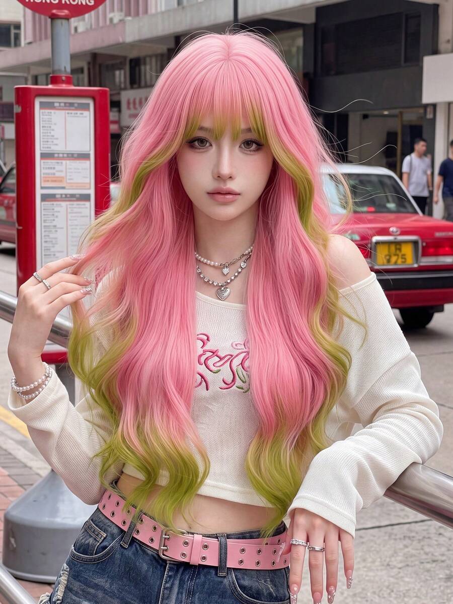 NAMM 30 Inch Pink Ombre Green Long Wavy Wig Loose Long Body Wave Wig ...