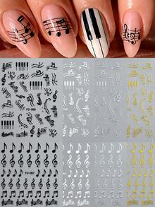 3D Music-Themed Nail Stickers, Self-Adhesive Designs Featuring Musical Notes, And Piano Keys In Black, White, Gold, And Silver, Autumn Y2K Gothic Style Nail Art Decals For DIY Manicures And Salon Use (8/4/2PCS) - Multicolor - View 12