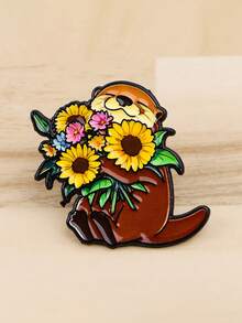1pc Cute Natural Style Alloy Enamel Sunflower Bouquet Otter Brooch, Unisex Backpack Clothing Decoration Gift - Hug Otter - View 1