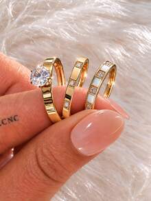 rakol 3pcs/Set Gold Tone Cubic Zirconia Stackable Rings For Women 3pcs Set Solitaire Crystal Band Rings Minimalist Elegant Fashion Jewelry - Multicolor - View 1