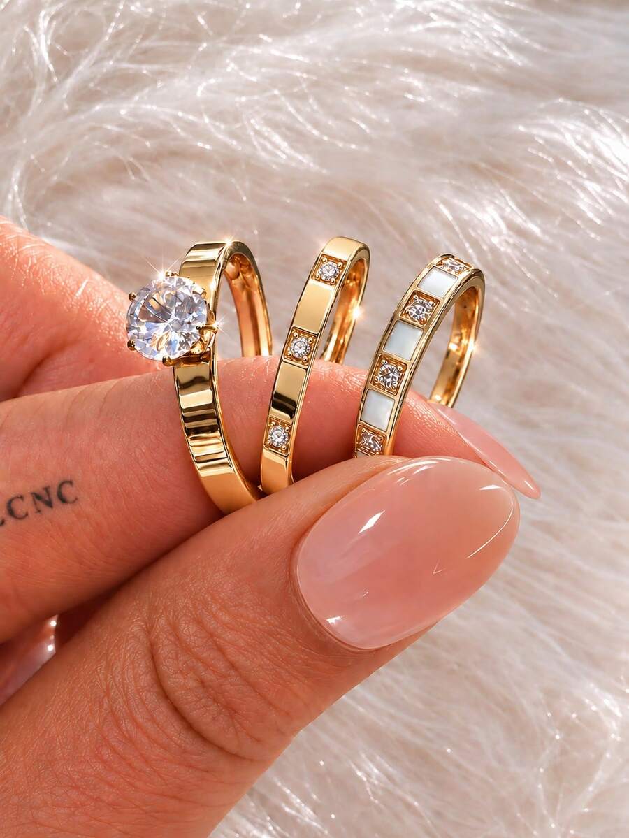 rakol 3pcs/Set Gold Tone Cubic Zirconia Stackable Rings For Women 3pcs Set Solitaire Crystal Band Rings Minimalist Elegant Fashion Jewelry - Multicolor - View 1