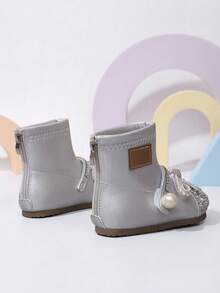 1 Pair Girls' Sweet Thermal Lined Silver Pearl Bow Rhinestone Ankle Boots, Suitable For Winter School, Outings And Shopping - Silver - View 5
