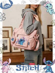 Miniso Disney Stitch 可愛愛心與星星卡通印花托特包 2 件組附零錢包，適合工作、旅行、購物與日常使用 - 粉色 - 查看 3
