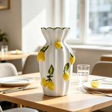 1pc 3D Embossed Lemon Ceramic Vase, Mediterranean Italian Style White Porcelain Flower Vase With Raised Lemon & Leaf Motif, Decorative Table Centerpiece For Kitchen Dining Living Room Home Decor Gift - Multicolor - View 2