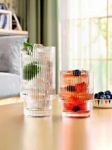 6-Piece Striped Glass Cup Set, Simple Straight-Sided Beverage Cup For Both Hot And Cold Drinks, Transparent Household Water Cup, Stylish Home Cup, Creative Coffee Cup, Juice Cup, Whiskey Cup, Multiple Sizes Available. - Clear Ribbed Glass - 200ml - View 3
