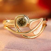 Simple Fashion Women Ring, Enamel Leaf & Green Synthetic Zirconia, Hollow‑Out Commute Date Gift Jewelry - Gold - View 5