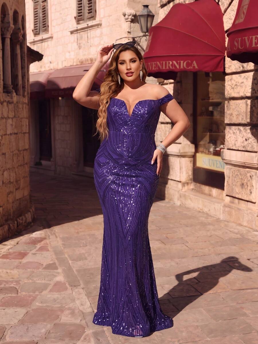Plus Size Glamorous Purple Sequin Off-Shoulder V-Neck Mesh Patchwork Backless Fitted Mermaid Party Evening Gown - Purple - View 1