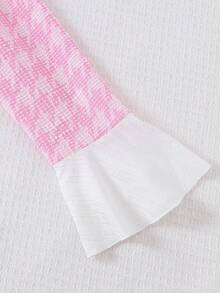 Teen Girls Fashion Elegant Colorblock Plaid Cinched Waist Long Sleeve Ruffle 2-In-1 Dress, Elegant Style, Suitable For Autumn/Winter Student Wear - Pink - View 6