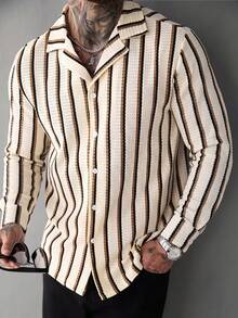Men's Vacation Style Vertical Textured Loose Casual Yellow Long Sleeve Shirt Top - Apricot - View 1