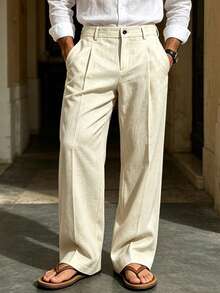 Men's Solid Color Straight Leg Casual Pants With Pockets, Suitable For Daily Commute And Vacation - Apricot - View 1