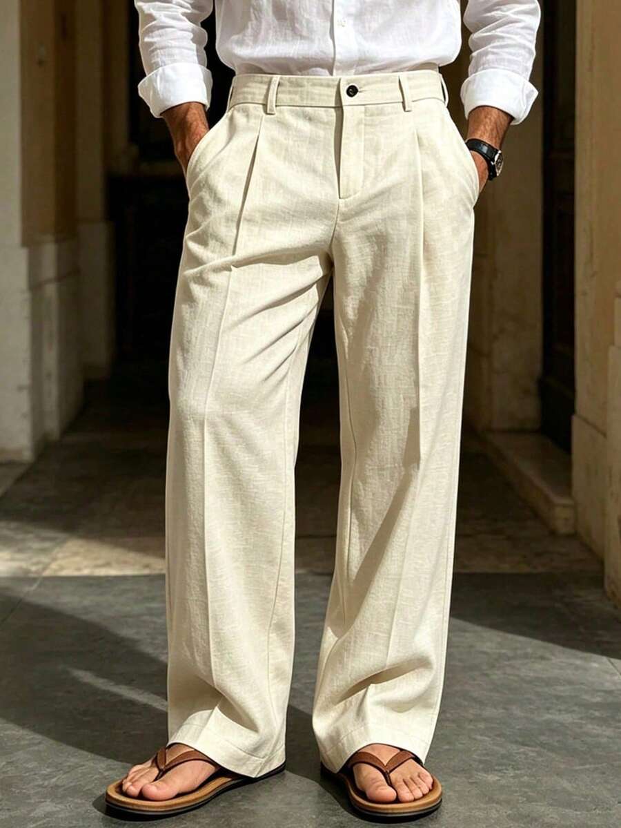 Men's Solid Color Straight Leg Casual Pants With Pockets, Suitable For Daily Commute And Vacation - Apricot - View 1
