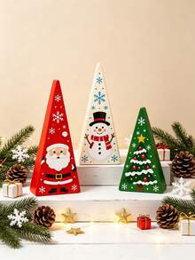 3pcs Christmas Wooden Desktop Decor, Santa Claus Snowman Christmas Tree Triangle Sign, Winter Christmas Layered Tray Decoration, Holiday Wooden Centerpiece Decor, Home Decor, Theme Party Decoration, Christmas Decoration - A - View 6