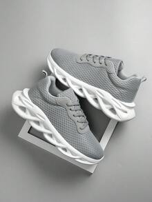 Men's White & Grey Versatile Mesh Sports Casual Shoes, Hollow Asymmetric Thick Sole Invisible Height Increase, Lightweight & Breathable, Suitable For Street, Commute, Daily Jogging - white ash - View 10