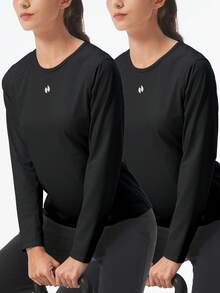 HOTSUIT 2pcs/Set Women's Knitted Long Sleeve Sauna Shirts, Slim Fit Fitness Tops, Suitable For Sports Training And Spring Daily Wear - Black - View 7
