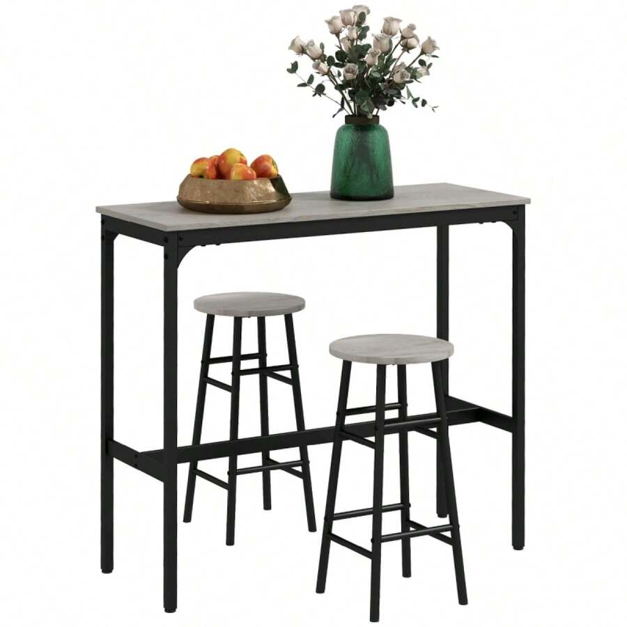 3 Piece Bar Table Set With 2 Stools, Industrial Bar Table And Stool, Dining Table And Chair, - Grey + Engineered Wood - View 1
