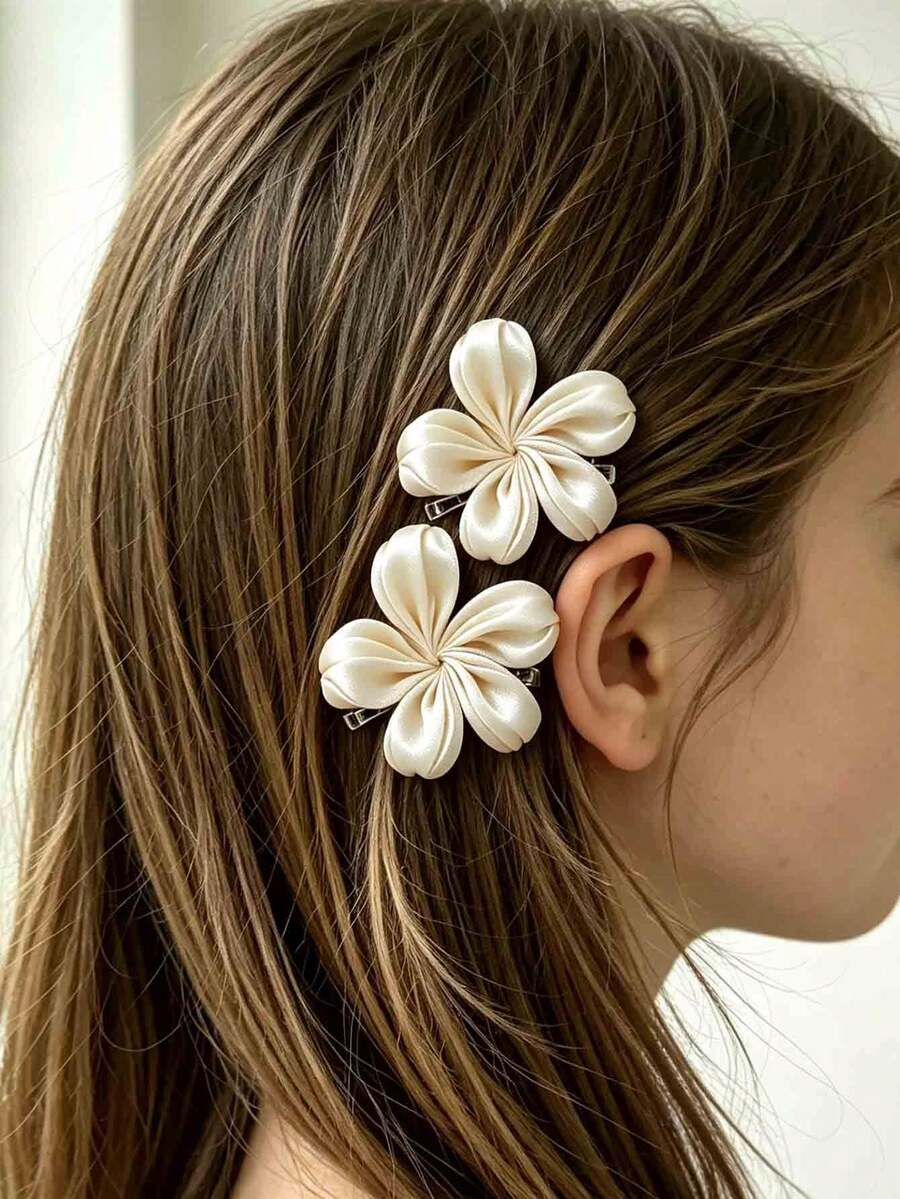 2pcs Sweet Gentle Girl Cherry Blossom Hair Clips, Beach Vacation Style Atmosphere Hair Clips, Bangs Side Clips - Apricot - View 1