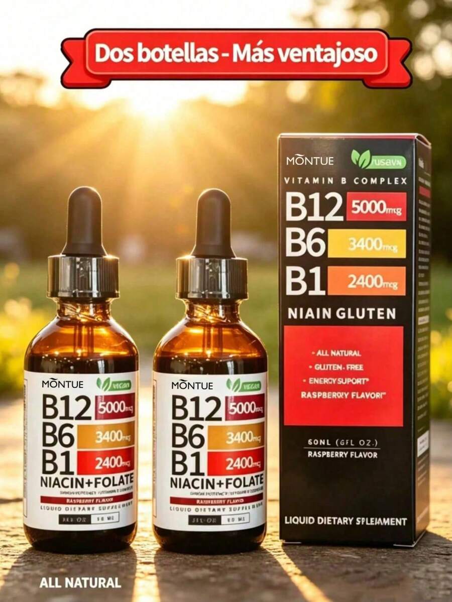 MONTUE 2PCS Sublingual LiquidVitamin B12 5000mcg. 60ml, 5-In-1 B Complex With B6, B1,Niacinamide And Folic Acid,Fast Absorption, Vegan, Energy.Brain And Heart Support