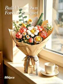 864 Pcs ABS Flower Building Blocks Set, DIY Build‑Your‑Own Forever Bouquet Kit For Adults, Multi‑Angle Adjustment Artificial Flower Blocks, Home Table Decor, Ideal Gift For Valentine's Day, Birthday, Anniversary & All Special Occasions - Multicolor - View 2