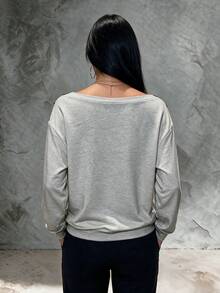 Boat Neck Asymmetrical Shoulder Pullover Sweatshirt With Button Decor, Cuffed Hem, Long Sleeve, Casual Daily Date Vacation - Light Grey - View 2