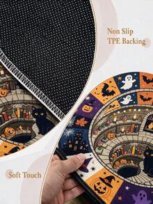 1pc Halloween Pumpkin Cat Pattern Round Rug, Halloween Carpet, Faux Cashmere Rug, Bathroom Mat, Bedroom Decor, Home Decor, Halloween Gift - Black - View 7