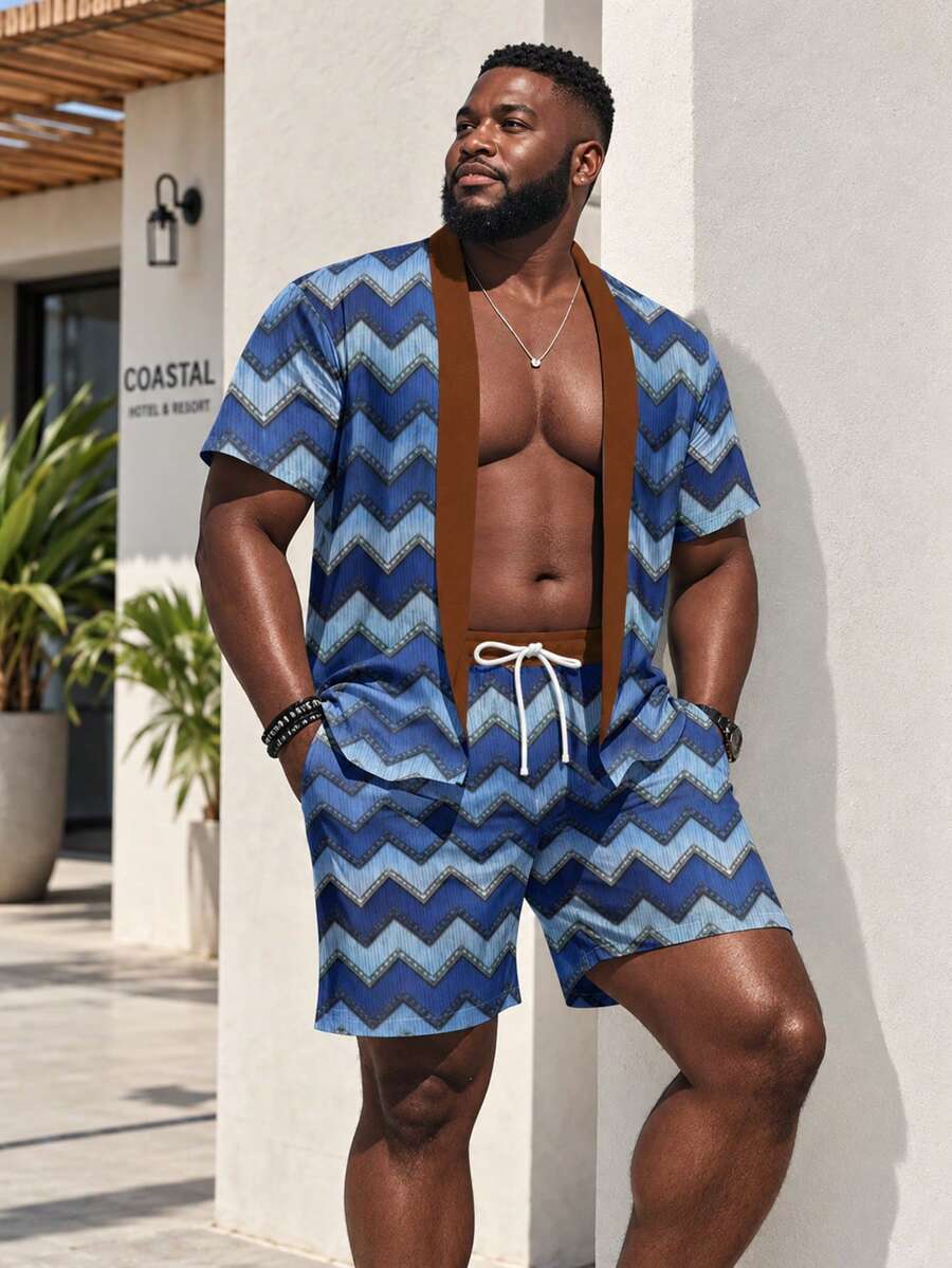 Plus Size Men's Summer Beach Vacation Colorblock Serrated Print Short Sleeve Kimono Cardigan And Drawstring Waist Shorts Set - Multicolor - View 1